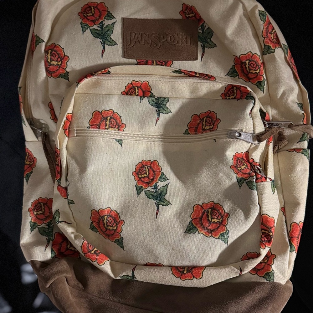 Jansport Cream Colored Backpack with Red Floral Design